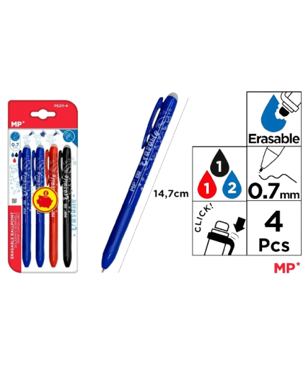 PP BOLIGRAFO MP BORRABLE 0,7 MM COLORES PACK-4 UD