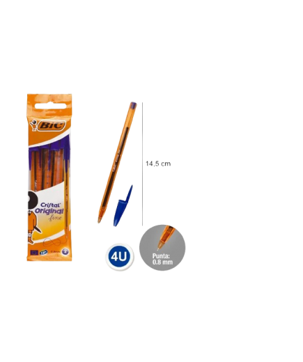 PP BOLIGRAFO BIC CRISTAL AZUL 0,8 MM PACK-4 UD